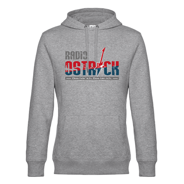 Grauer Kapuzenpullover mit blau-rotem Radio OSTRICK-Logo und E‑Gitarre