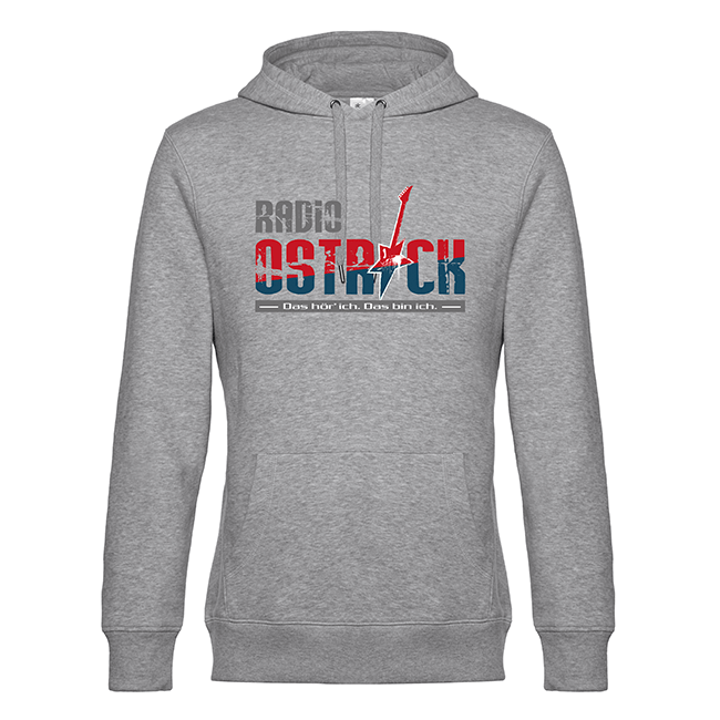 Grauer Kapuzenpullover mit blau-rotem Radio OSTRICK-Logo und E‑Gitarre