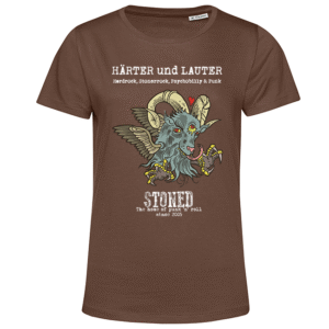 Braunes T‑Shirt mit punkiger geflügelter Ziegenkopf‑Illustration und Schriftzug