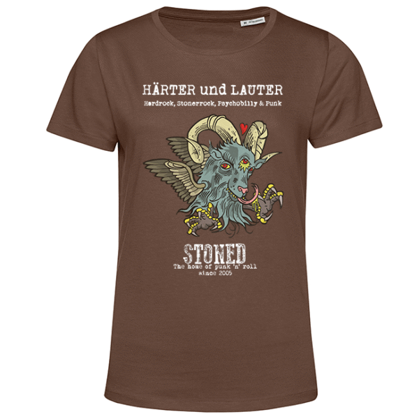 Braunes T‑Shirt mit punkiger geflügelter Ziegenkopf‑Illustration und Schriftzug