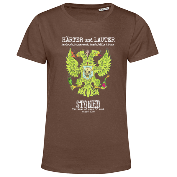 Braunes T‑Shirt mit grünem Doppeladler, Totenkopf und Schriftzug