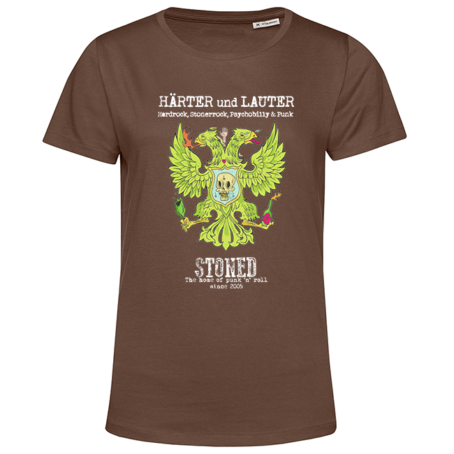 Braunes T‑Shirt mit grünem Doppeladler, Totenkopf und Schriftzug