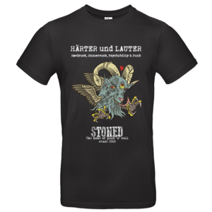 Schwarzes T-Shirt mit geflügeltem Ziegenkopf, Hörnern, Herz und Texten HÄRTER und LAUTER sowie STONED.