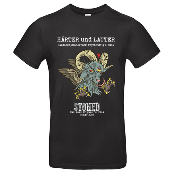 Schwarzes T-Shirt mit geflügeltem Ziegenkopf, Hörnern, Herz und Texten HÄRTER und LAUTER sowie STONED.