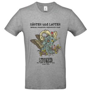 Graues T‑Shirt mit buntem geflügeltem Ziegenkopf, Hörnern und Schriftzug Härter und Lauter