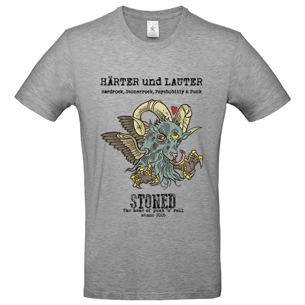 Graues T‑Shirt mit buntem geflügeltem Ziegenkopf, Hörnern und Schriftzug Härter und Lauter