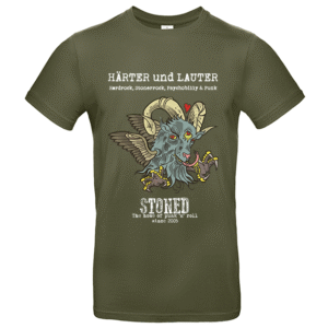 Olivgrünes T‑Shirt mit geflügeltem, gehörntem Ziegendämon, Herz und Schriftzug HÄRTER und LAUTER