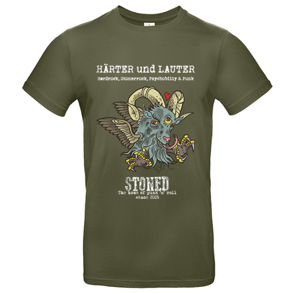 Olivgrünes T‑Shirt mit geflügeltem, gehörntem Ziegendämon, Herz und Schriftzug HÄRTER und LAUTER