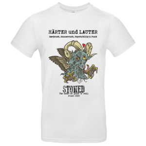Weißes T‑Shirt mit dämonischem, geflügeltem Ziegenkopf, Herz und Schriftzug HÄRTER und LAUTER