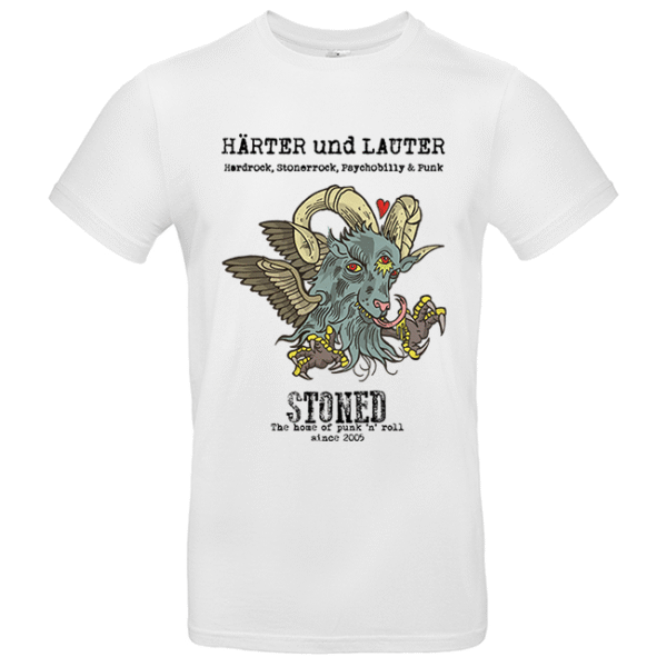 Weißes T‑Shirt mit dämonischem, geflügeltem Ziegenkopf, Herz und Schriftzug HÄRTER und LAUTER