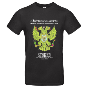 Schwarzes T-Shirt mit neon-grünem Doppeladler, Totenkopf-Wappen und Schriftzug