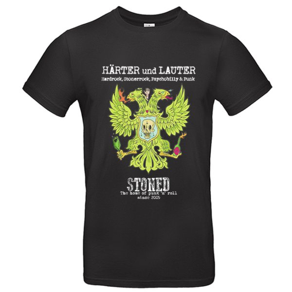 Schwarzes T-Shirt mit neon-grünem Doppeladler, Totenkopf-Wappen und Schriftzug