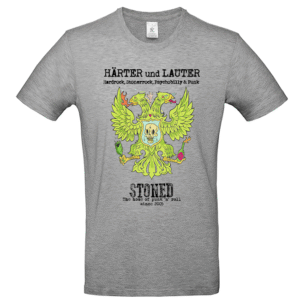 Graues T-Shirt mit grüner zweiköpfiger Adlergrafik, Totenkopf und Slogan