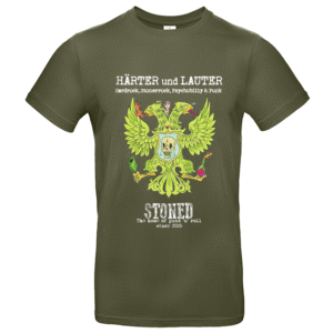 Olivgrünes T‑Shirt mit zweiköpfigem grünen Adler, Totenschädel-Schild und Schriftzug HÄRTER und LAUTER