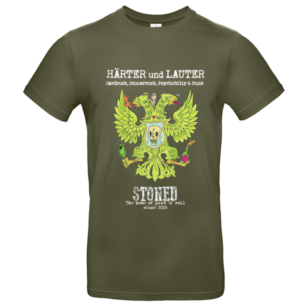 Olivgrünes T‑Shirt mit zweiköpfigem grünen Adler, Totenschädel-Schild und Schriftzug HÄRTER und LAUTER