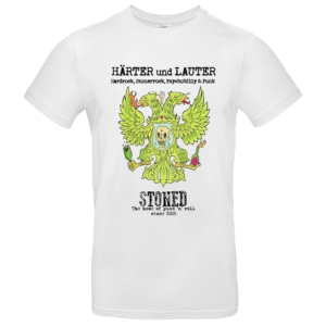 Weißes T-Shirt mit grüner, zweiköpfiger Adlergrafik, Totenkopf und Punk-Schriftzug