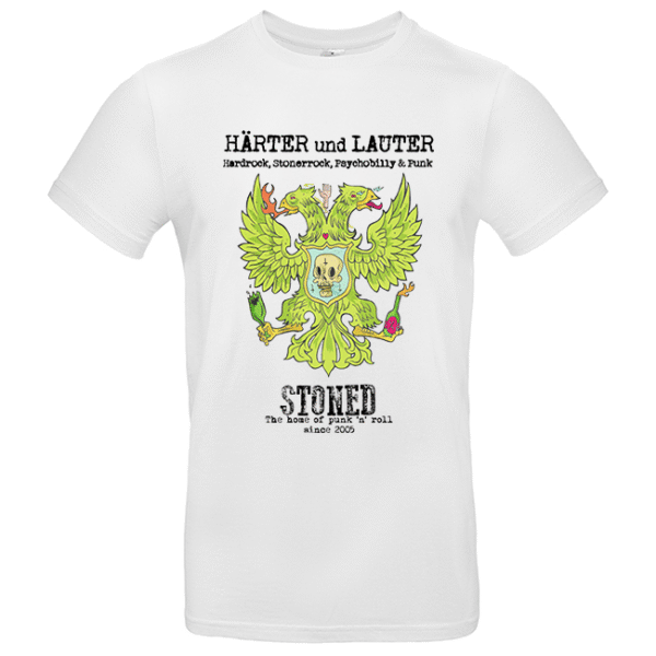 Weißes T-Shirt mit grüner, zweiköpfiger Adlergrafik, Totenkopf und Punk-Schriftzug