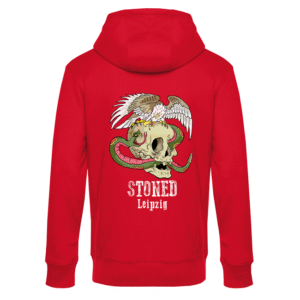 Roter Hoodie mit Totenkopf, Schlange, Adler und Schriftzug STONED Leipzig