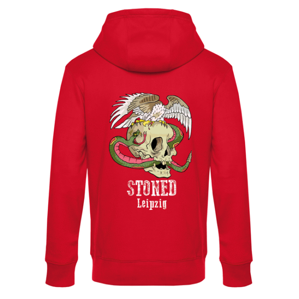 Roter Hoodie mit Totenkopf, Schlange, Adler und Schriftzug STONED Leipzig