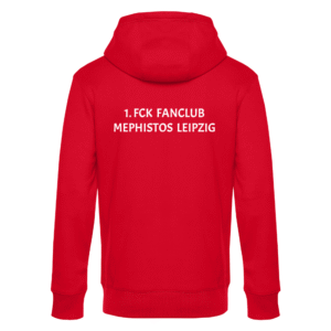 Roter Kapuzenpullover von hinten mit weißer Aufschrift 1. FCK Fanclub Mephistos Leipzig