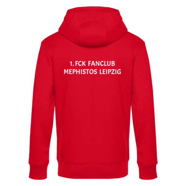 Roter Kapuzenpullover von hinten mit weißer Aufschrift 1. FCK Fanclub Mephistos Leipzig