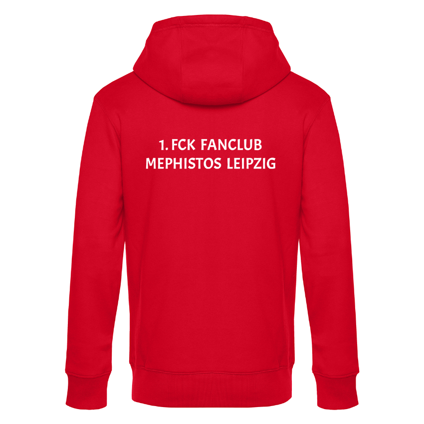 Roter Kapuzenpullover von hinten mit weißer Aufschrift 1. FCK Fanclub Mephistos Leipzig