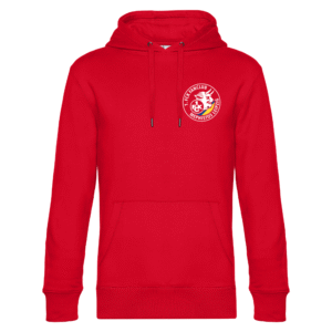 Roter Kapuzenpullover mit weißem Fanclub-Logo links auf der Brust