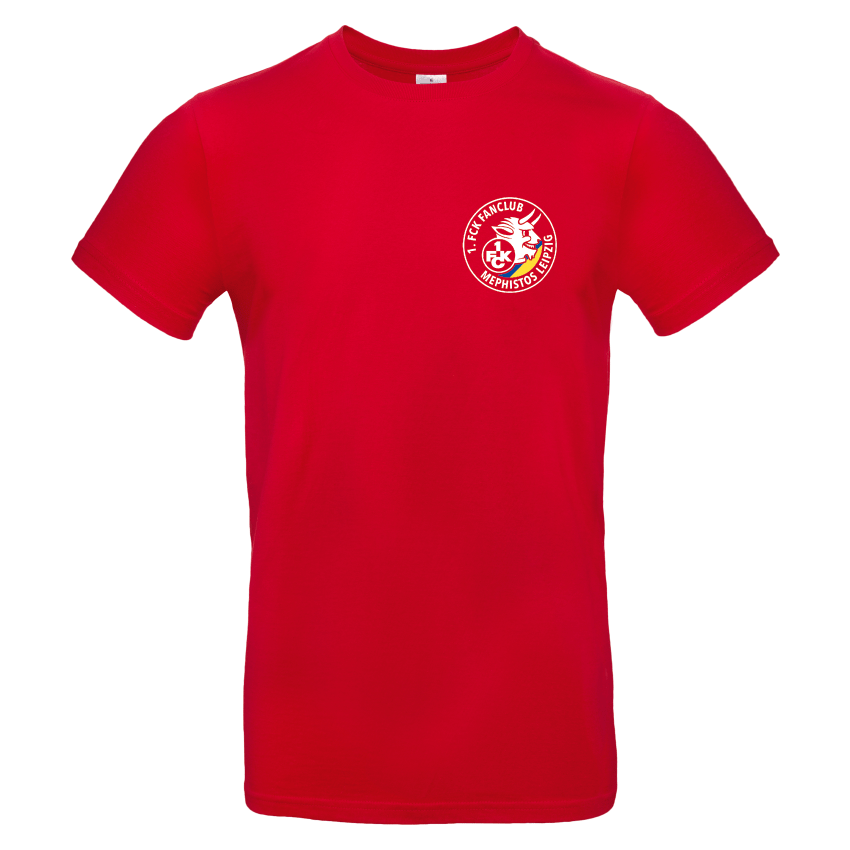 Rotes T‑Shirt mit kleinem weißen Fanclub-Logo auf der linken Brust
