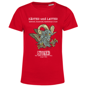Rotes T‑Shirt mit geflügelter Ziegenkopfgrafik und Schriftzug HÄRTER und LAUTER