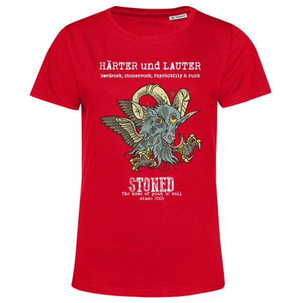 Rotes T‑Shirt mit geflügelter Ziegenkopfgrafik und Schriftzug HÄRTER und LAUTER