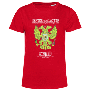 Rotes T‑Shirt mit grünem Doppeladler, Totenkopf und Schriftzug „Härter und Lauter“