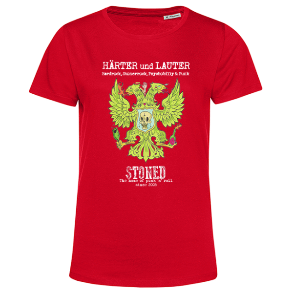 Rotes T‑Shirt mit grünem Doppeladler, Totenkopf und Schriftzug „Härter und Lauter“