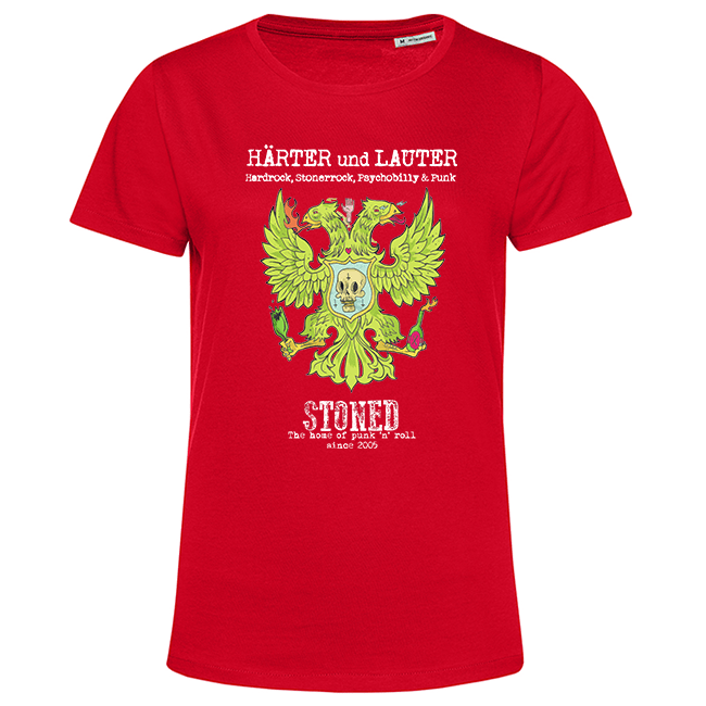 Rotes T‑Shirt mit grünem Doppeladler, Totenkopf und Schriftzug „Härter und Lauter“