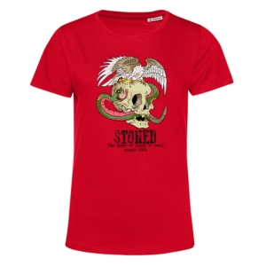 Rotes T‑Shirt mit Totenkopfmotiv, grüner Schlange, flatterndem Adler und 'STOMED'-Schriftzug