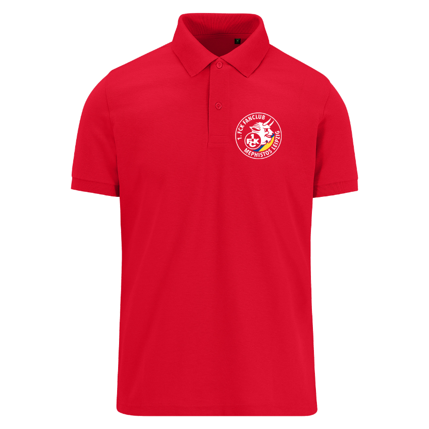 Rotes Poloshirt mit weißem Vereinslogo links auf der Brust