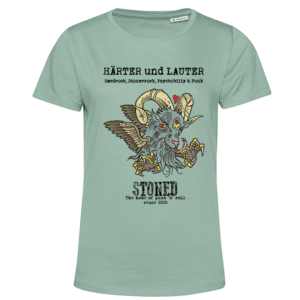 Hellgrünes Damenshirt mit geflügeltem Ziegenkopf, Hörnern und Punk‑Schriftzug