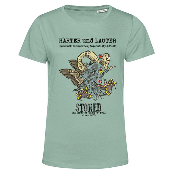 Hellgrünes Damenshirt mit geflügeltem Ziegenkopf, Hörnern und Punk‑Schriftzug