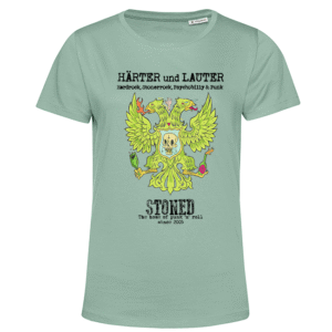 Hellgrünes Damen-T-Shirt mit zweiköpfigem Adler-Skull-Logo und Schriftzug HÄRTER und LAUTER