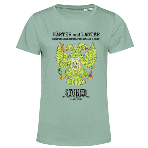 Hellgrünes Damen-T-Shirt mit zweiköpfigem Adler-Skull-Logo und Schriftzug HÄRTER und LAUTER