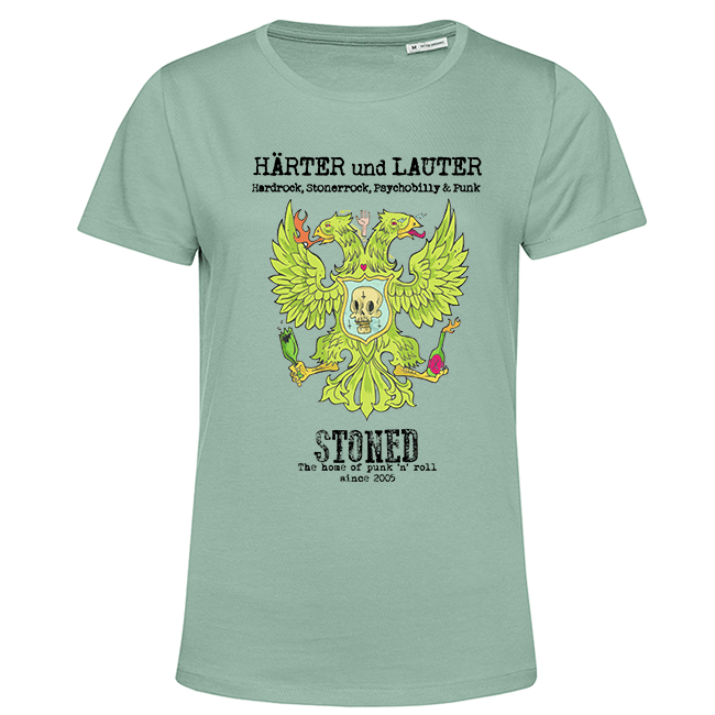 Hellgrünes Damen-T-Shirt mit zweiköpfigem Adler-Skull-Logo und Schriftzug HÄRTER und LAUTER