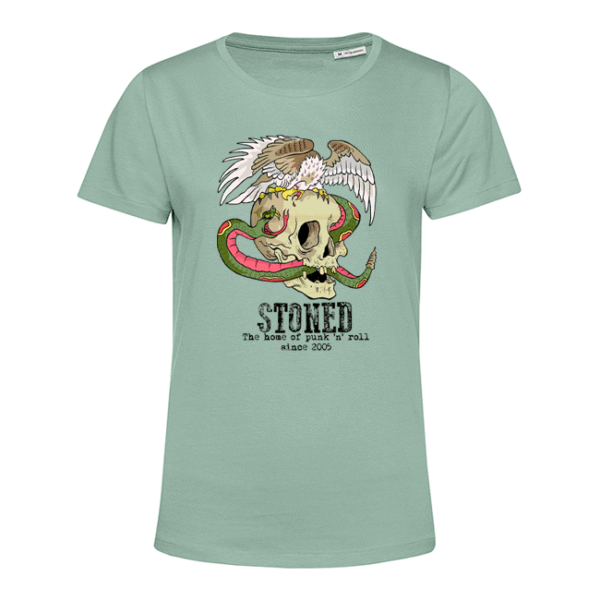 mintgrünes Damen-T-Shirt mit Totenkopf, Schlange, Adler und Schriftzug STONED