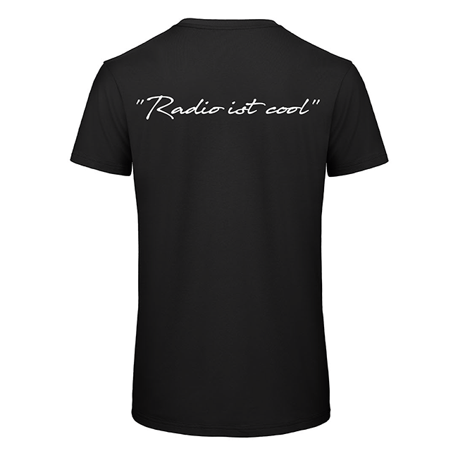 Schwarzes T-Shirt Rückansicht mit weißer Schreibschrift 