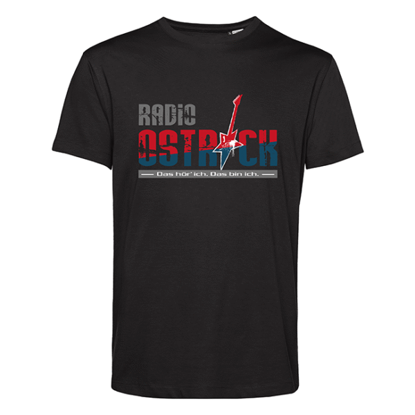 Schwarzes T‑Shirt mit Radio Ostrock-Logo, roter E‑Gitarre und Slogan