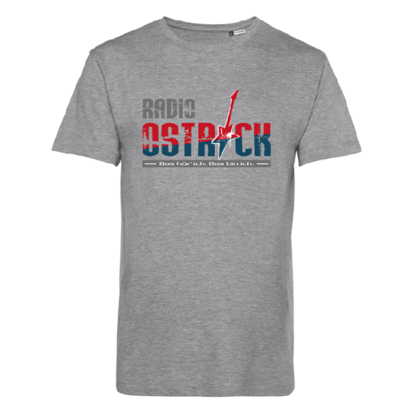 Graues T-Shirt mit Radio Ostrock-Logo, roter E‑Gitarre und Slogan darunter