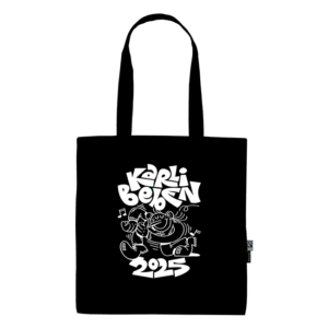 Schwarzer Stoffbeutel mit weißer Cartoon-Illustration, tanzenden Figuren und Schriftzug '2025'.