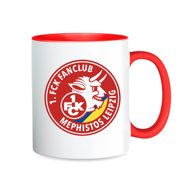 Weiße Tasse mit rotem Henkel und Mephistos Leipzig Fanclub-Logo