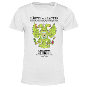 Weißes T‑Shirt mit grünem Doppeladler, Totenschädel und Schriftzug HÄRTER und LAUTER
