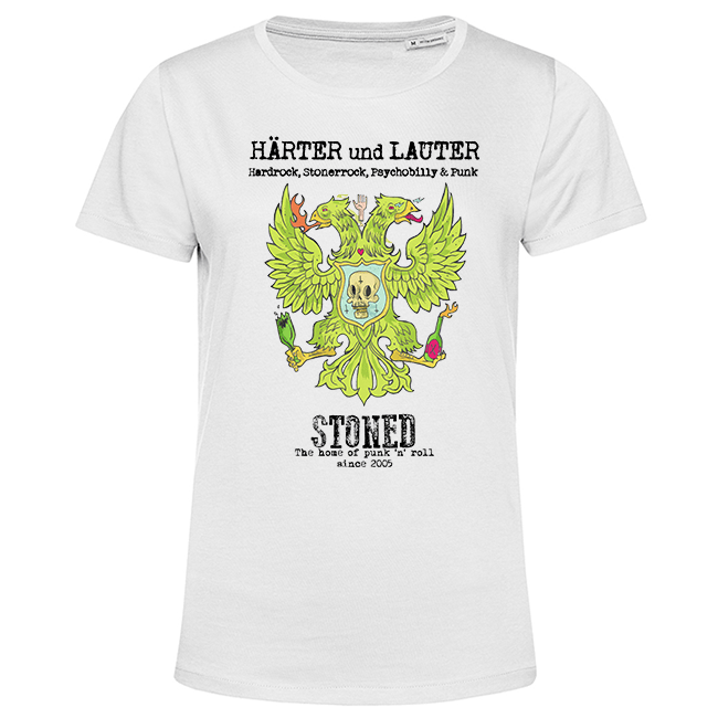 Weißes T‑Shirt mit grünem Doppeladler, Totenschädel und Schriftzug HÄRTER und LAUTER