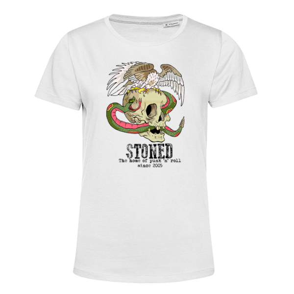 Weißes T‑Shirt mit Totenkopf, Schlange, Flügeln und Schriftzug 'STONED'