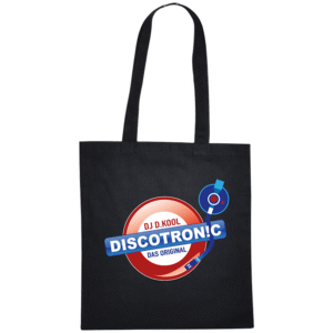 Schwarze Stofftasche mit Discotronic-Logo, roter Platte und blauem Tonarm